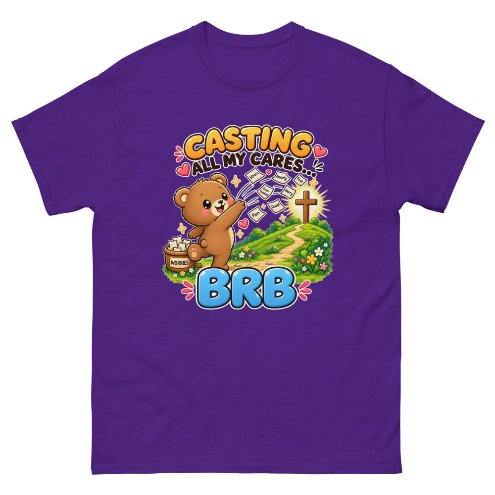Cartoon bear throwing worry notes away with the words Casting All My Cares BRB on a Purple shirt
