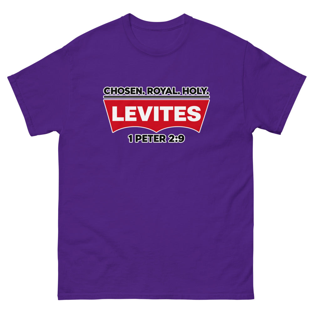 Red batwing patch reading Levites with Chosen Royal Holy and 1 Peter 2:9 on a Purple shirt