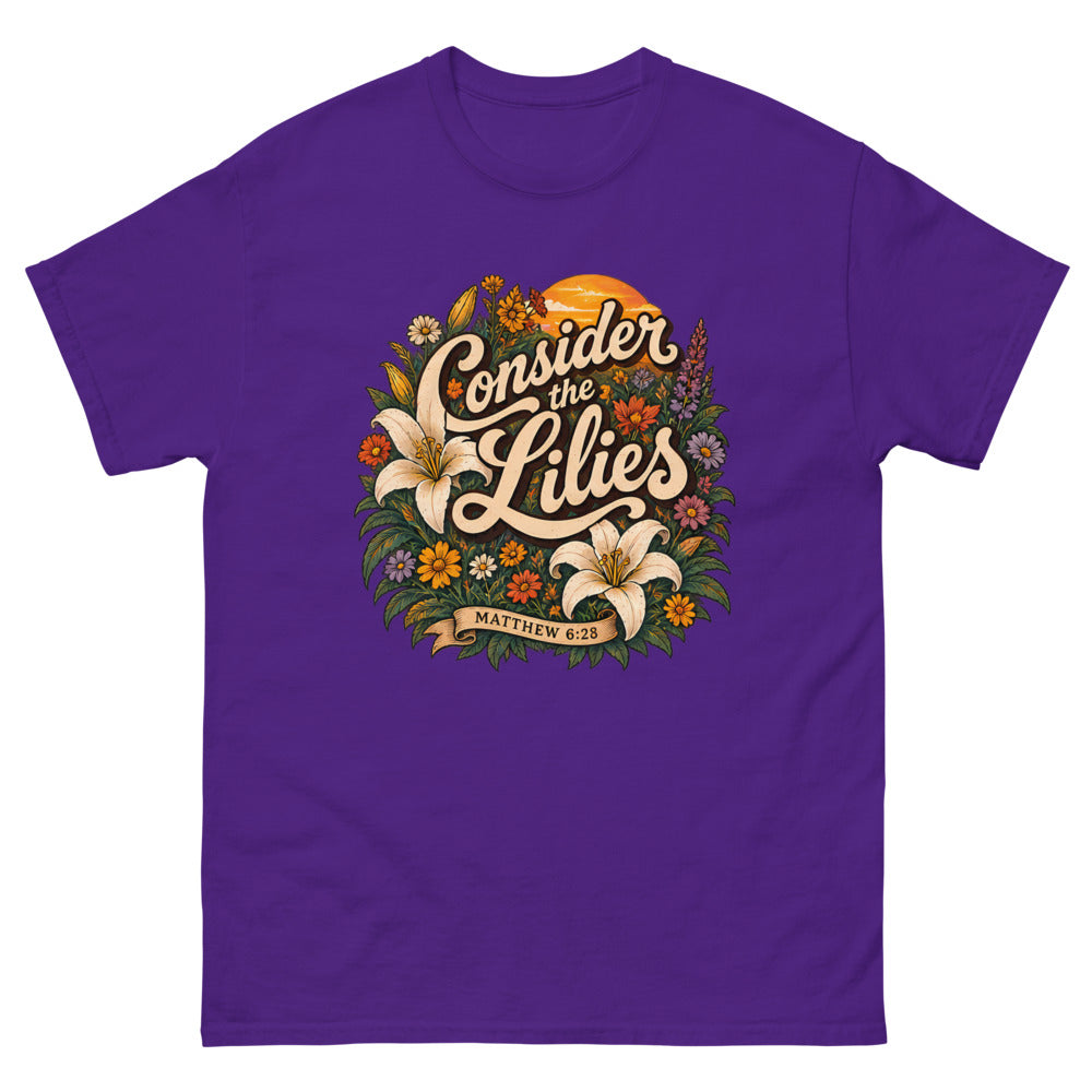 Retro floral illustration with lilies reading Consider The Lilies on a Purple shirt