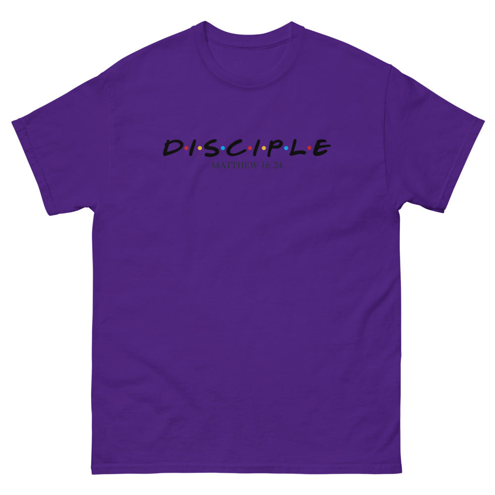 Sitcom style title lettering with coloured dots reading Disciple, Matthew 16:24 on a Purple shirt