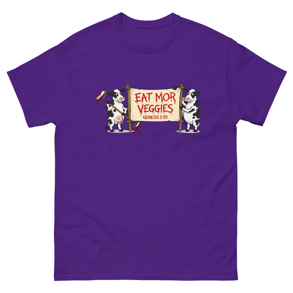 Two cartoon cows holding a banner reading Eat Mor Veggies, Genesis 1:29 on a Purple shirt