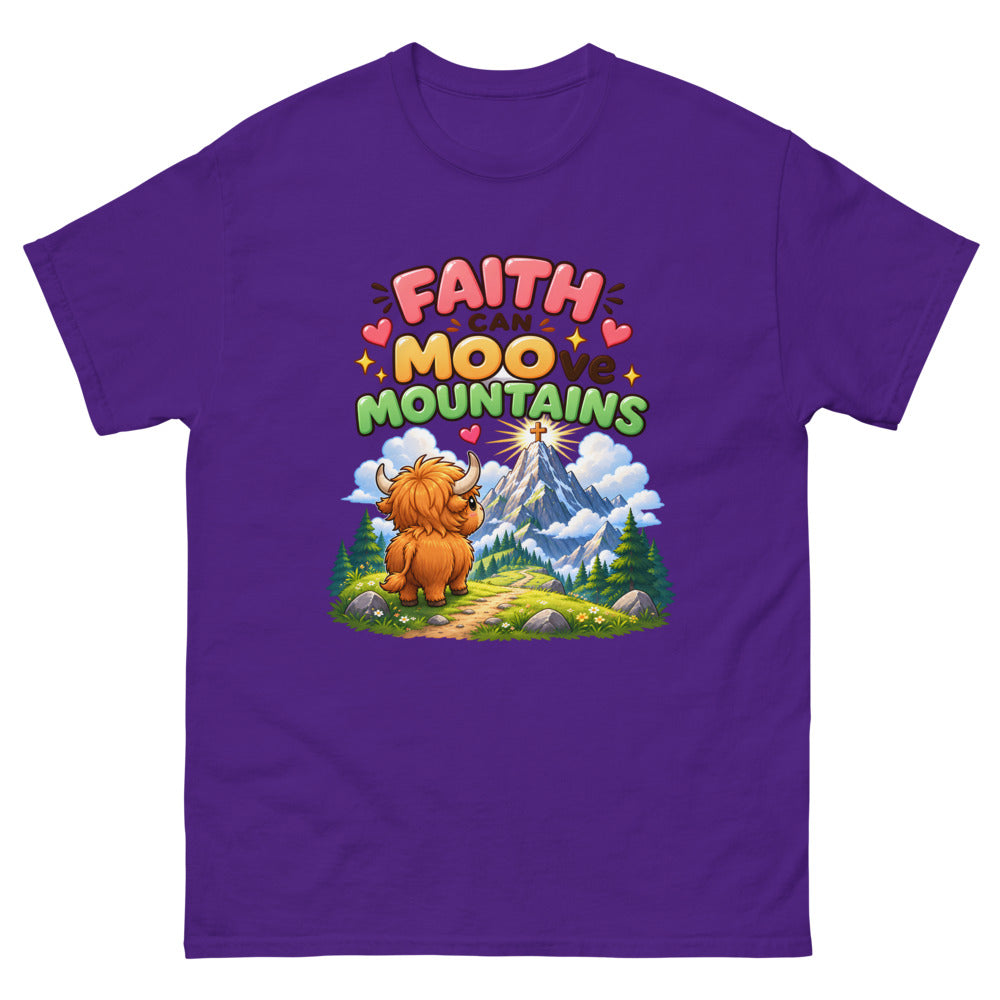 Cartoon highland cow looking at a mountain with the words Faith Can Moo-ve Mountains on a Purple shirt