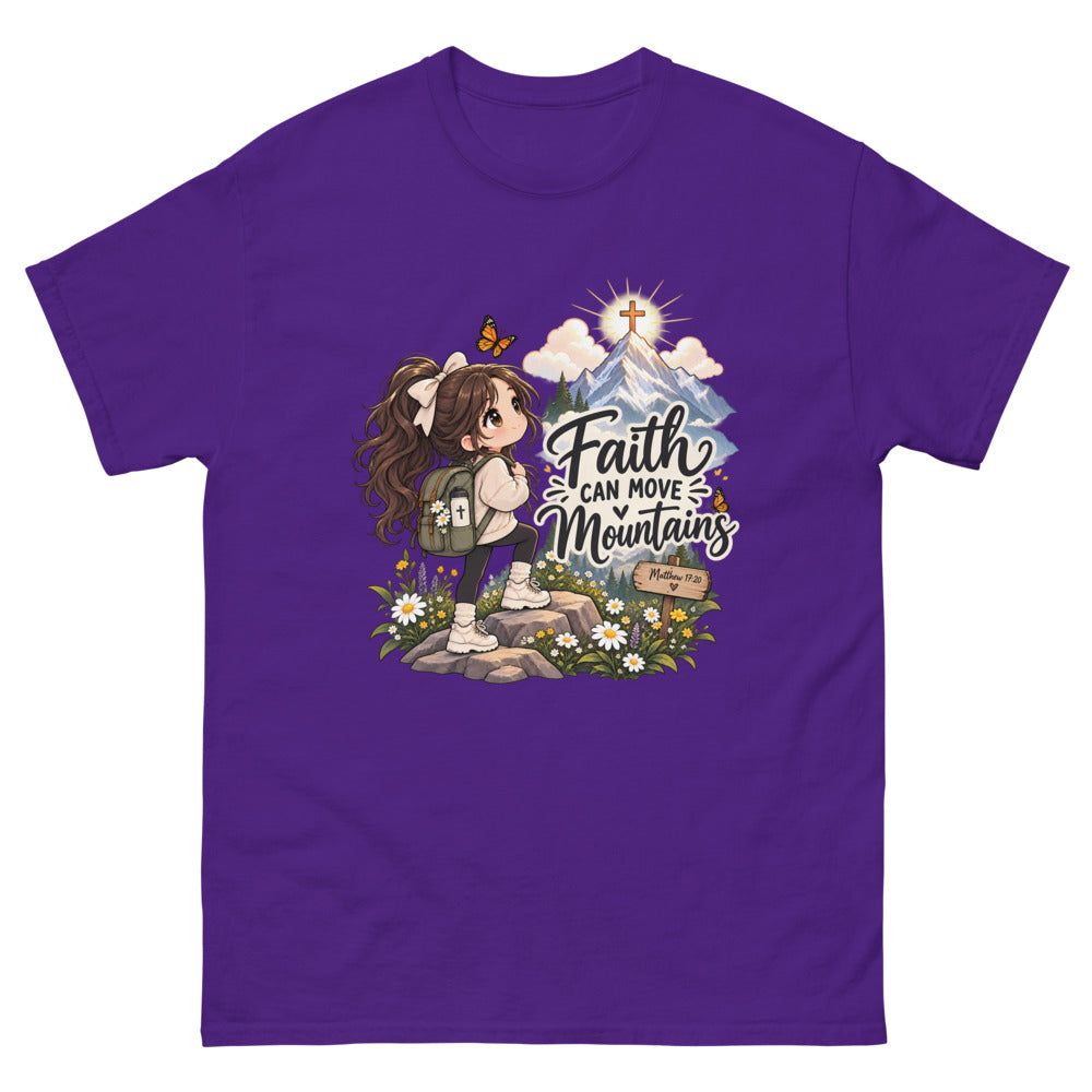 Chibi hiker girl looking at a mountain with a cross and the words Faith Can Move Mountains on a Purple shirt
