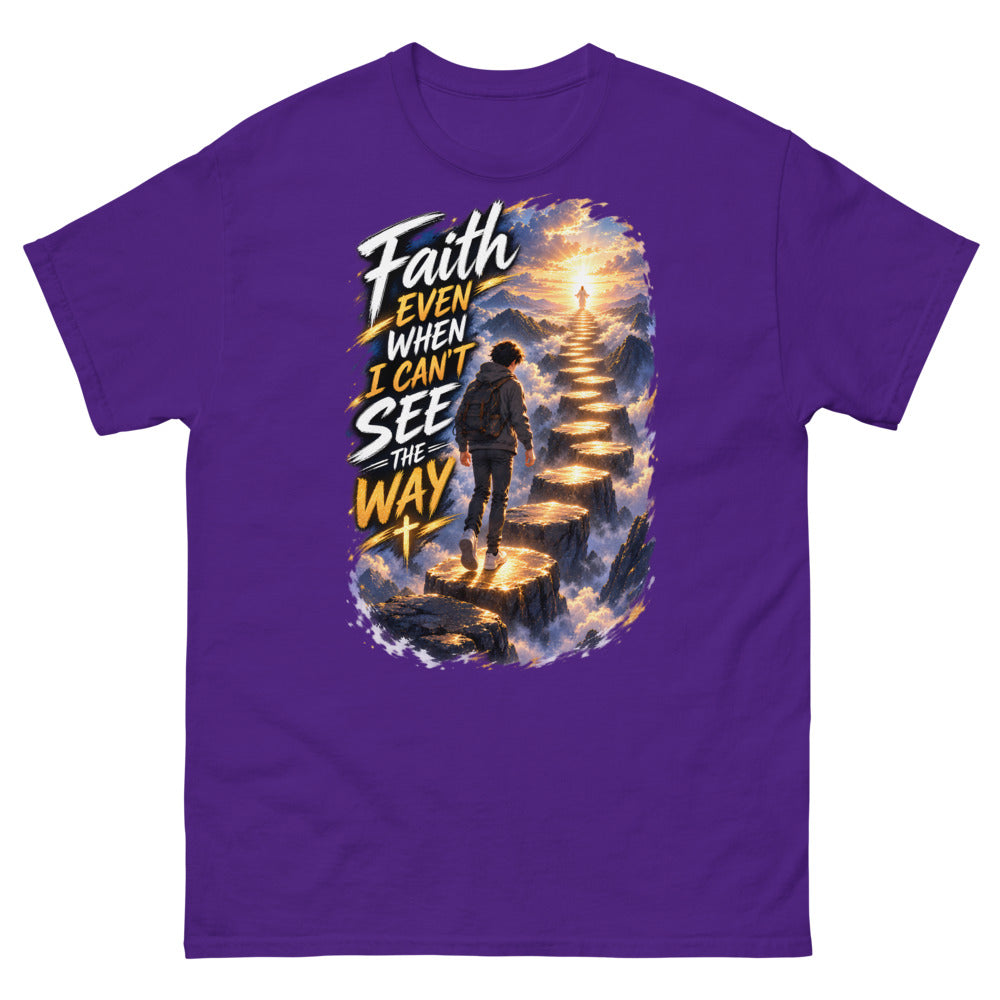 Anime boy climbing a glowing stairway in the clouds with the words Faith Even When I Can't See The Way on a Purple shirt