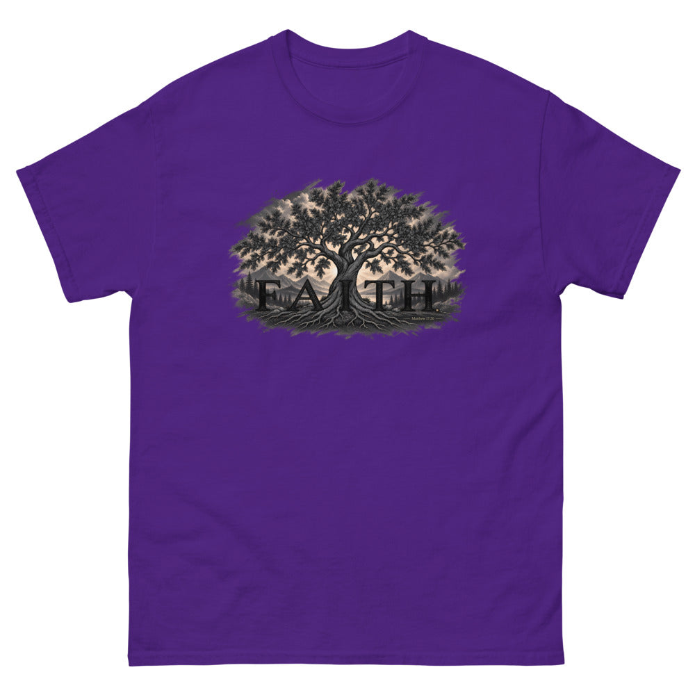 Engraved tree growing through the word Faith with Matthew 17:20 on a Purple shirt
