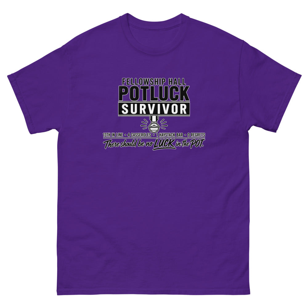 Military style badge reading Fellowship Hall Potluck Survivor with a medal on a Purple shirt