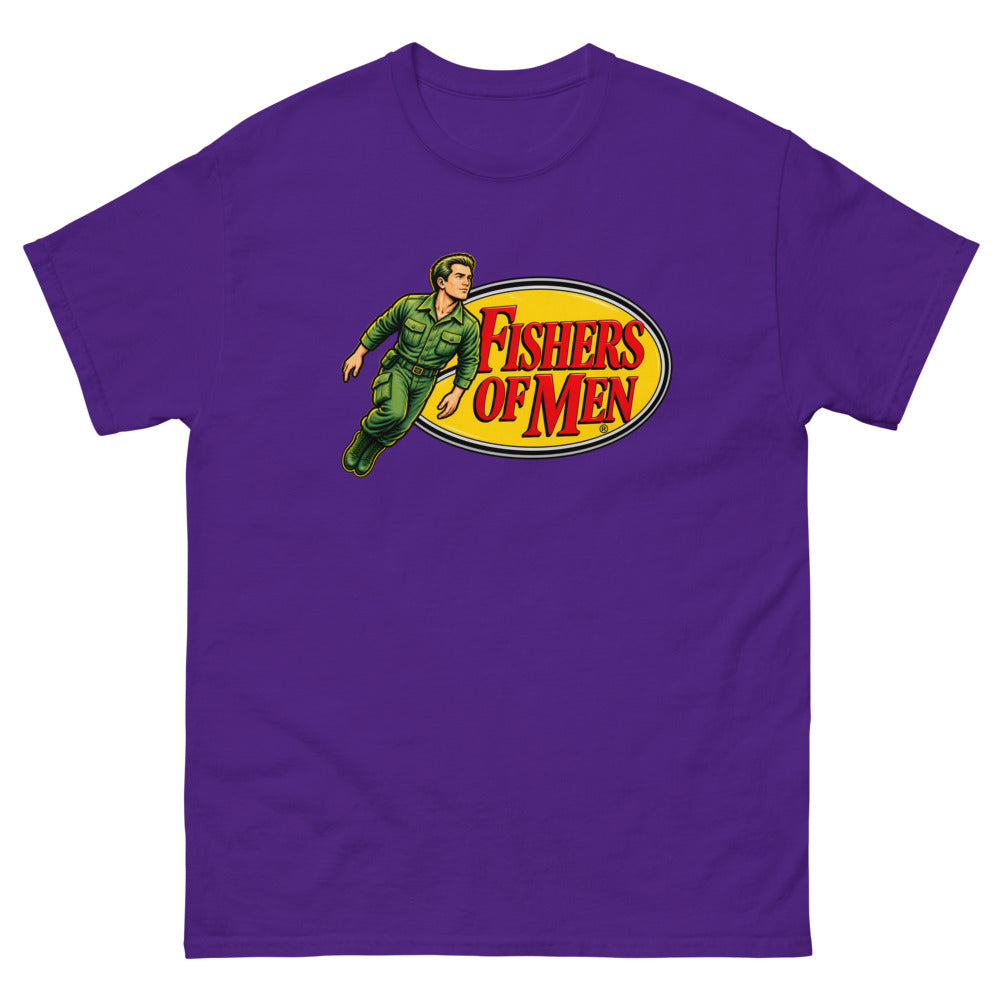 Action figure toy logo parody with a figure leaping from a yellow oval reading Fishers of Men on a Purple shirt