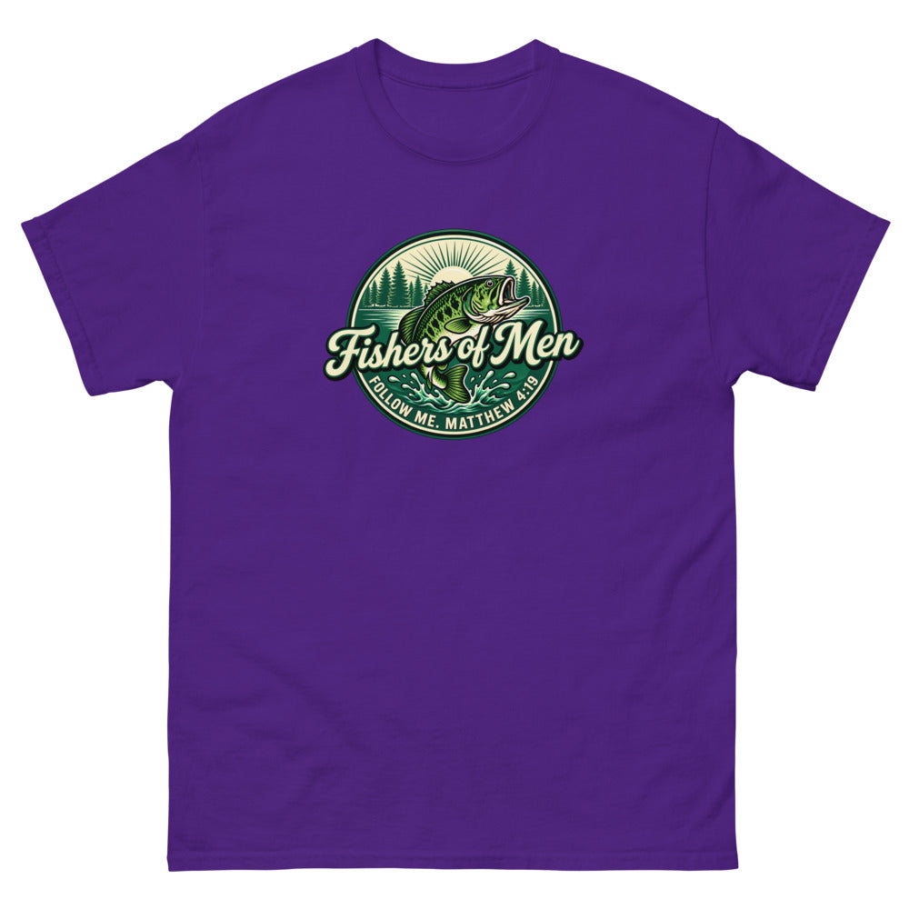 Green circular badge with a leaping bass reading Fishers of Men, Matthew 4:19 on a Purple shirt