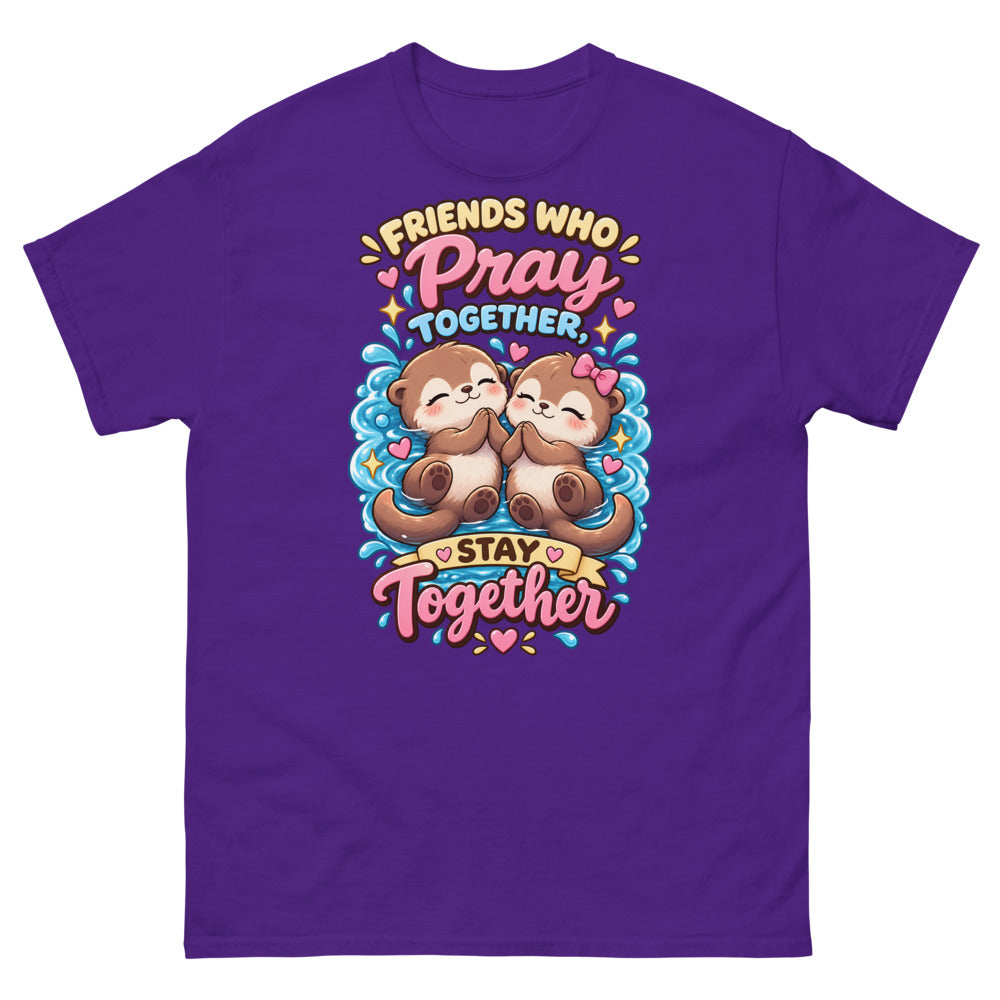 Two cute otters praying together with the words Friends Who Pray Together Stay Together on a Purple shirt