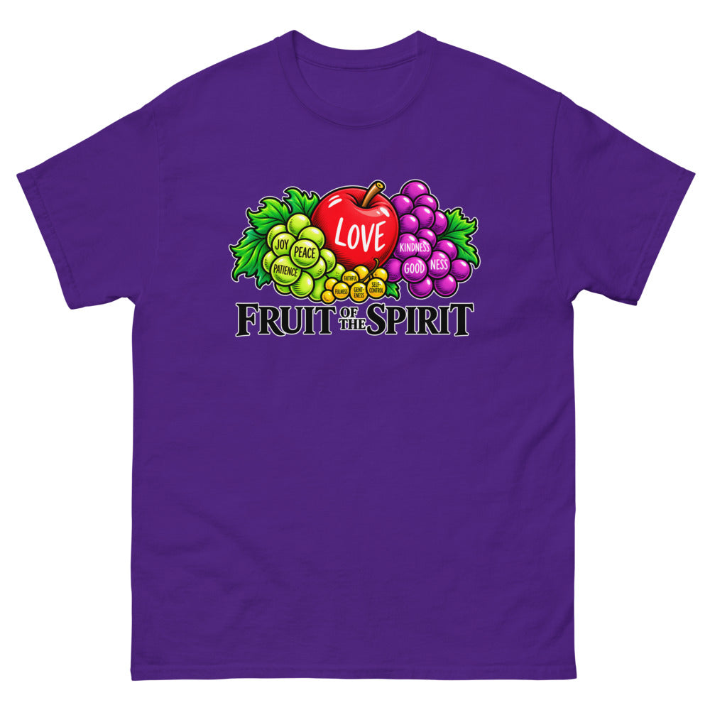 Illustrated fruit labelled with the fruit of the spirit under the words Fruit Of The Spirit on a Purple shirt