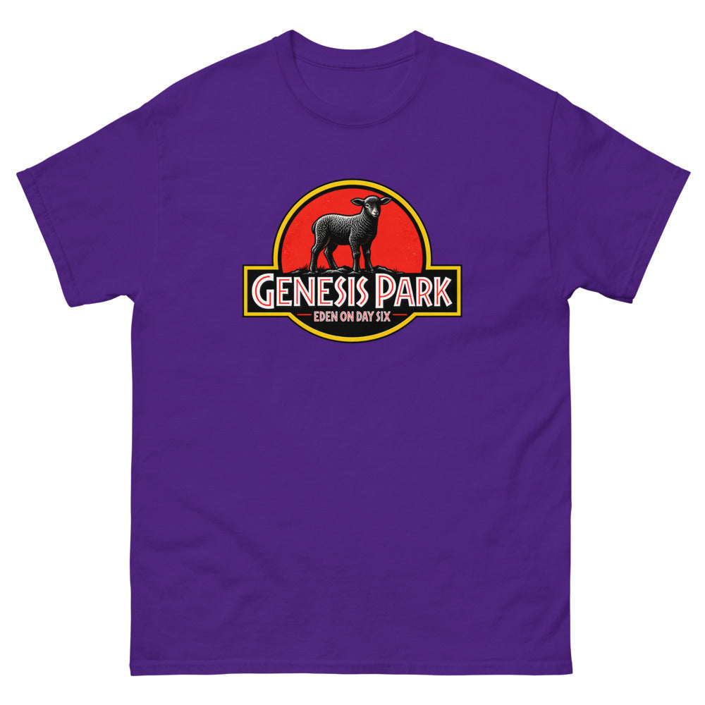 Movie logo parody with a lamb silhouette reading Genesis Park, Eden On Day Six on a Purple shirt