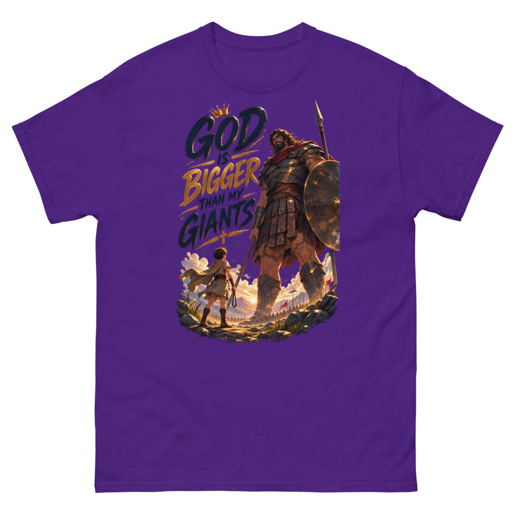 Anime David facing Goliath with the words God Is Bigger Than My Giants on a Purple shirt