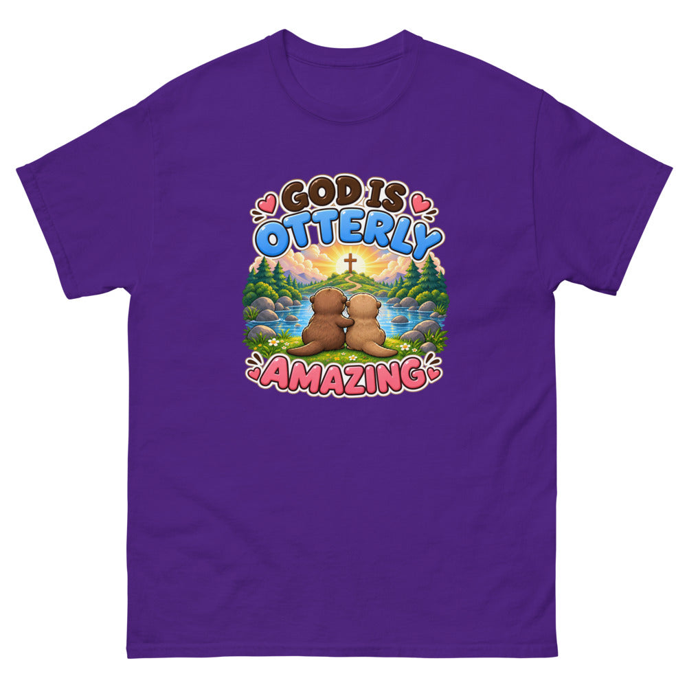 Two otters watching a sunrise with a cross and the words God Is Otterly Amazing on a Purple shirt