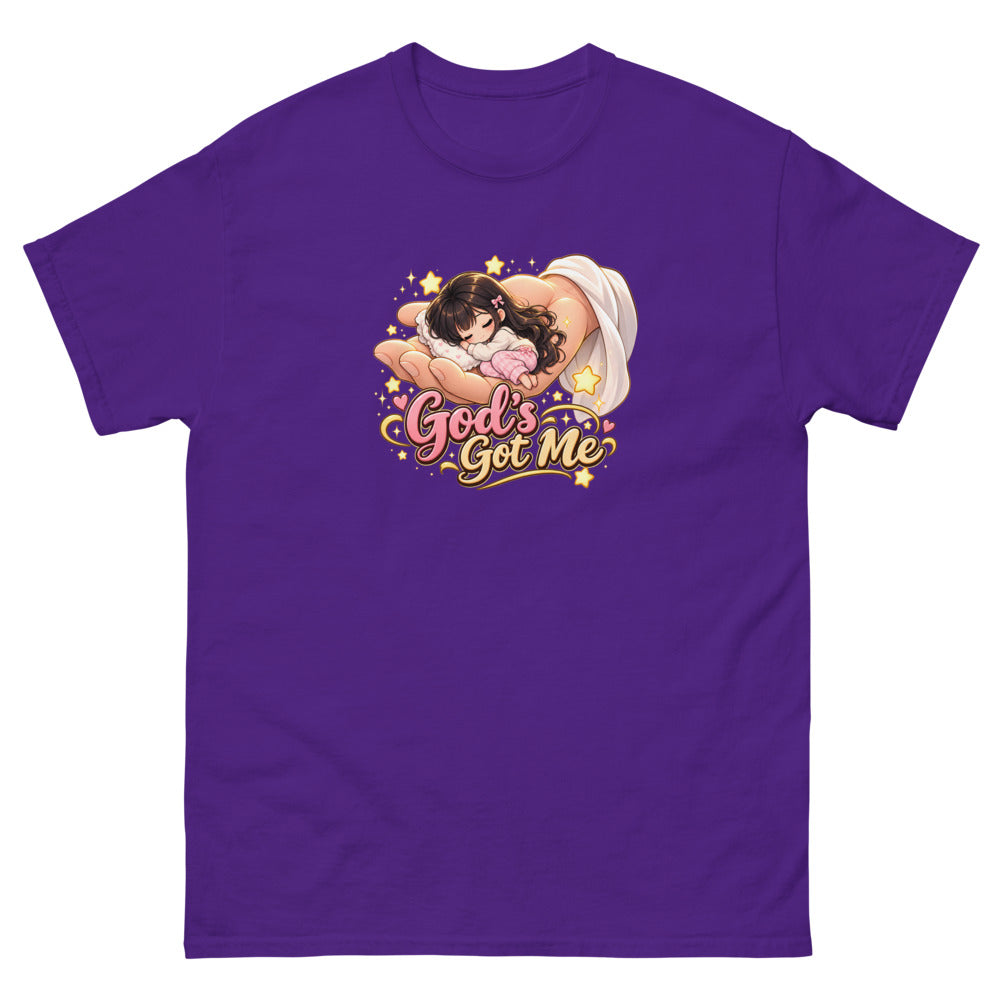 Chibi girl sleeping in the palm of God's hand with the words God's Got Me on a Purple shirt