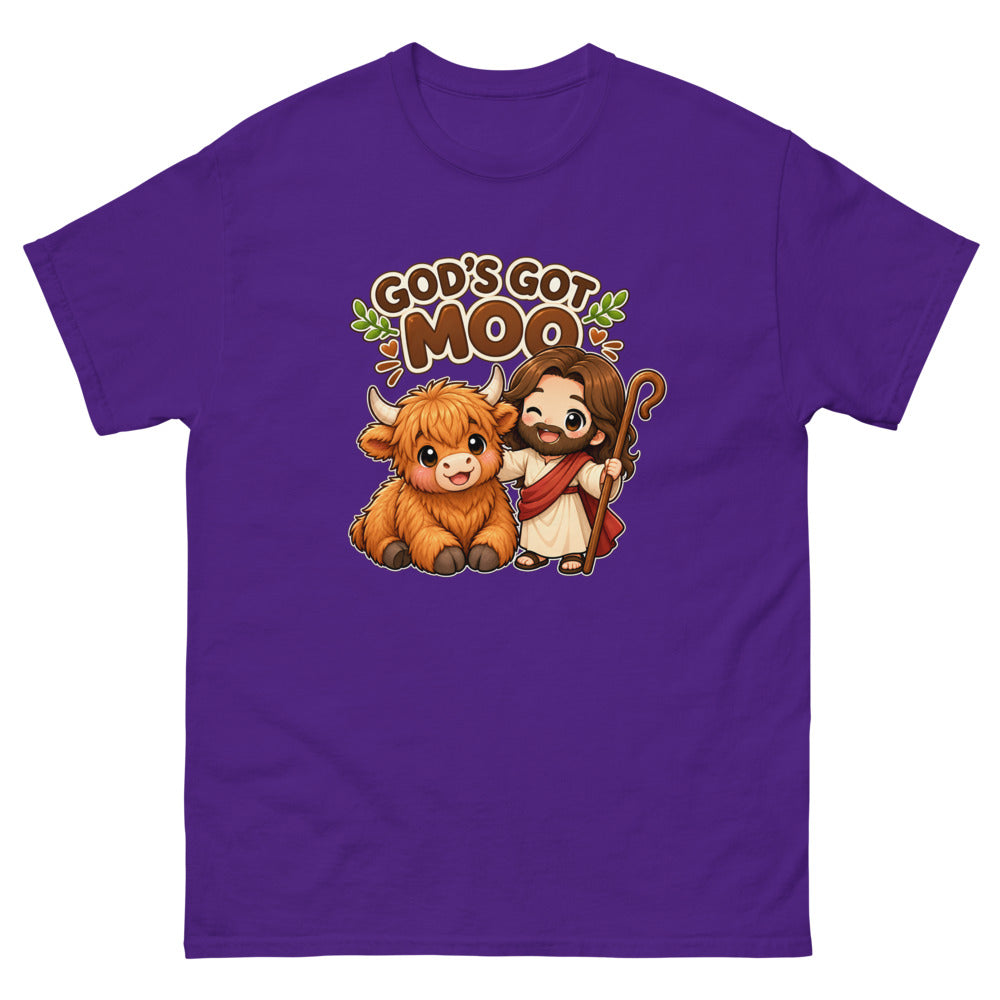 Cartoon highland cow with chibi Jesus and the words God's Got Moo on a Purple shirt