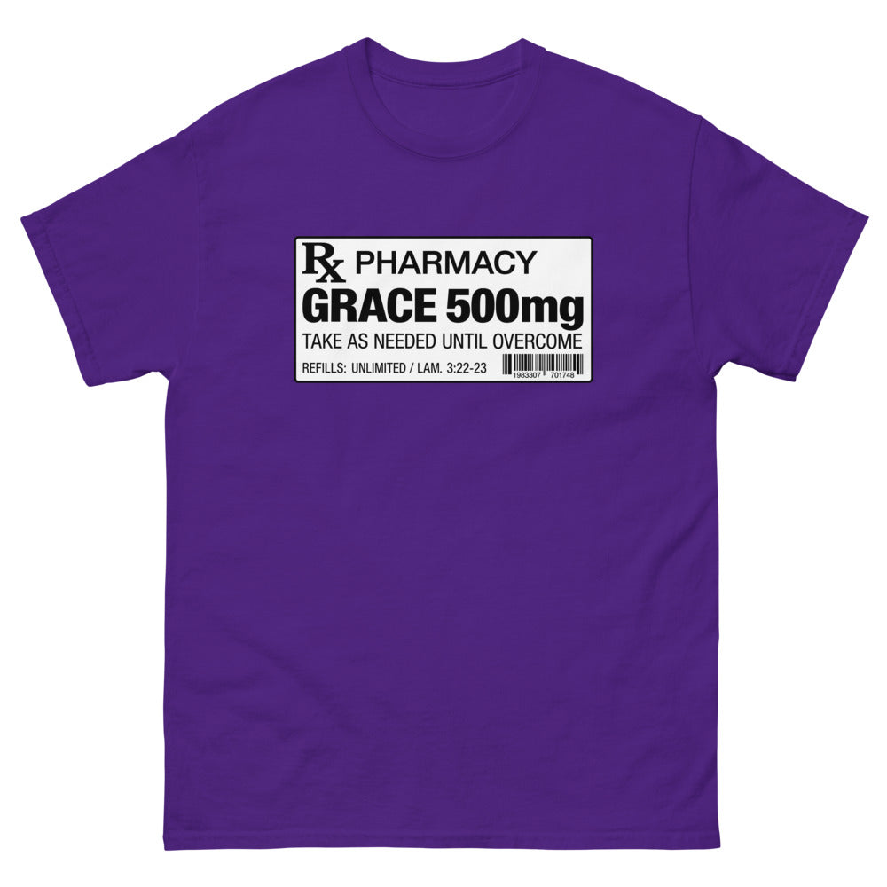 Pharmacy prescription label reading Grace 500mg, refills unlimited on a Purple shirt