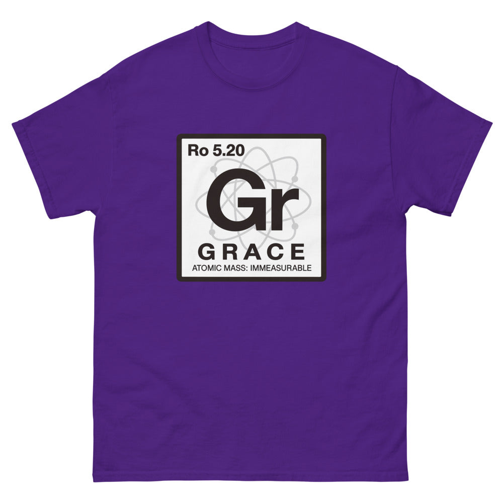 Periodic table tile reading Gr, Grace, atomic mass immeasurable on a Purple shirt