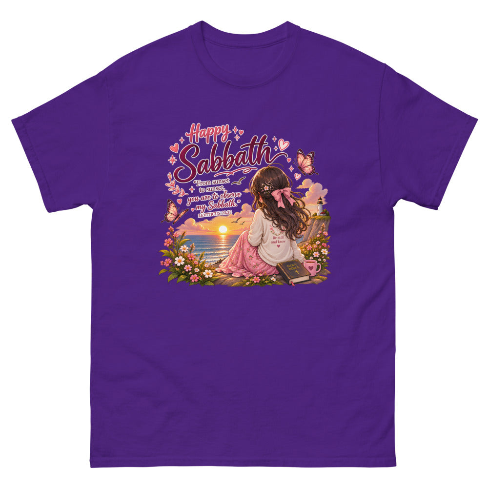 Chibi girl watching an ocean sunset with a Bible and the words Happy Sabbath on a Purple shirt