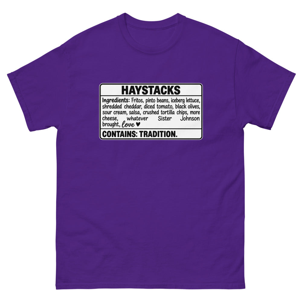 Ingredients label for haystacks ending with Contains: Tradition on a Purple shirt