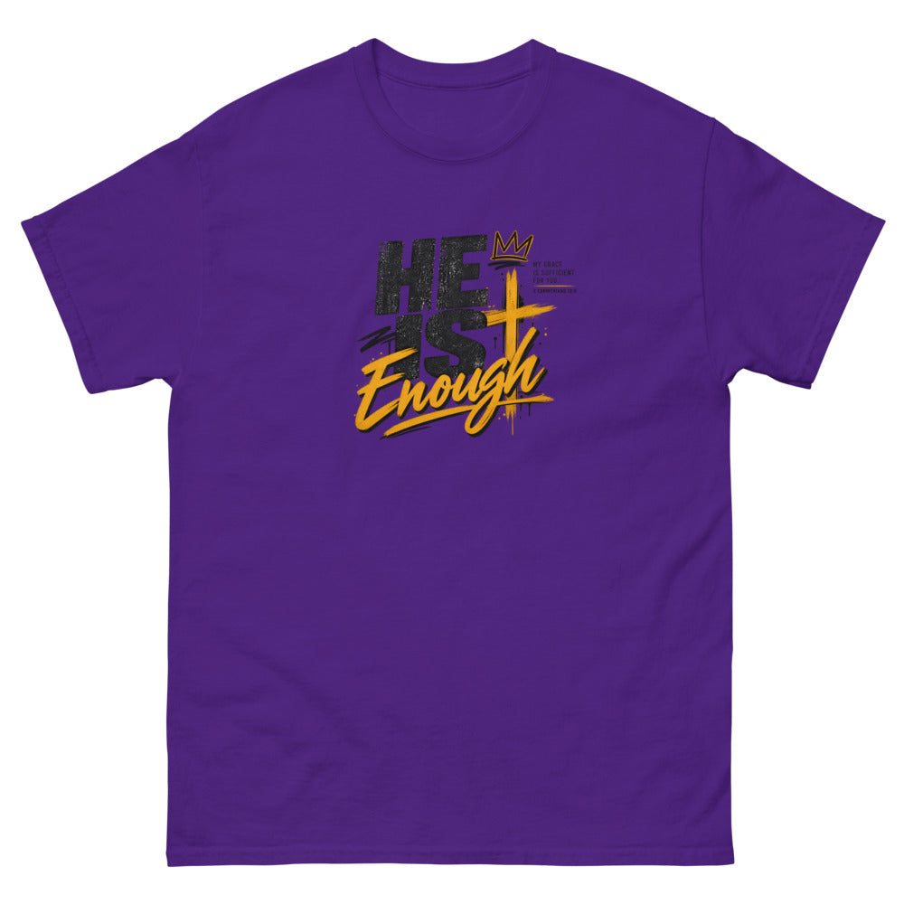 Graffiti style lettering with a crown and gold cross reading He Is Enough on a Purple shirt