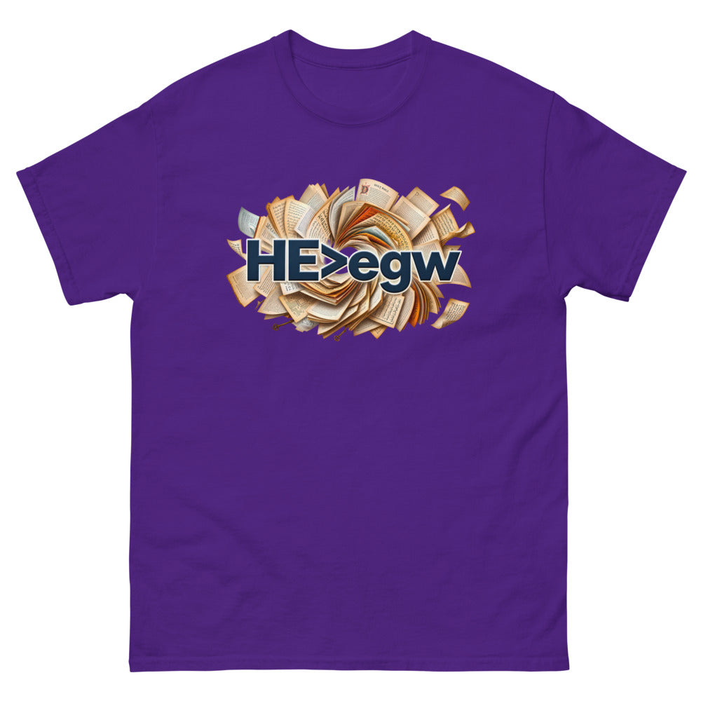 Spiral of open Bibles with navy lettering reading HE is greater than egw on a Purple shirt