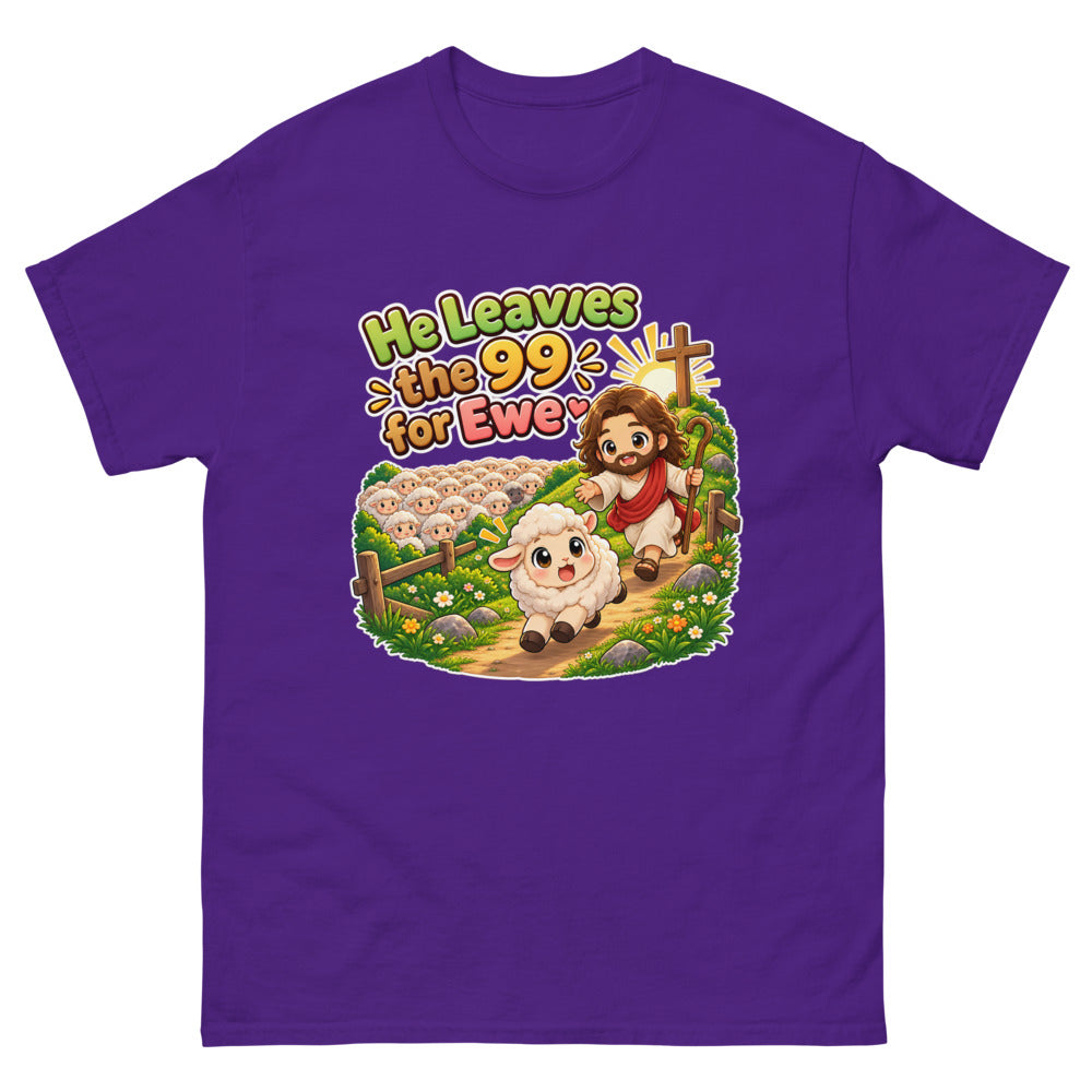 Chibi Jesus chasing one lamb away from the flock with the words He Leaves The 99 For Ewe on a Purple shirt