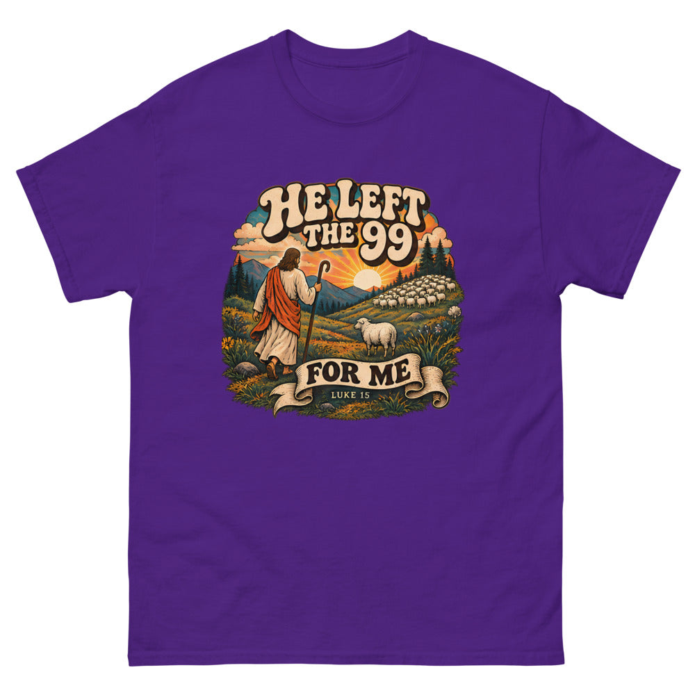 Retro hillside scene of a shepherd and one sheep reading He Left The 99 For Me on a Purple shirt