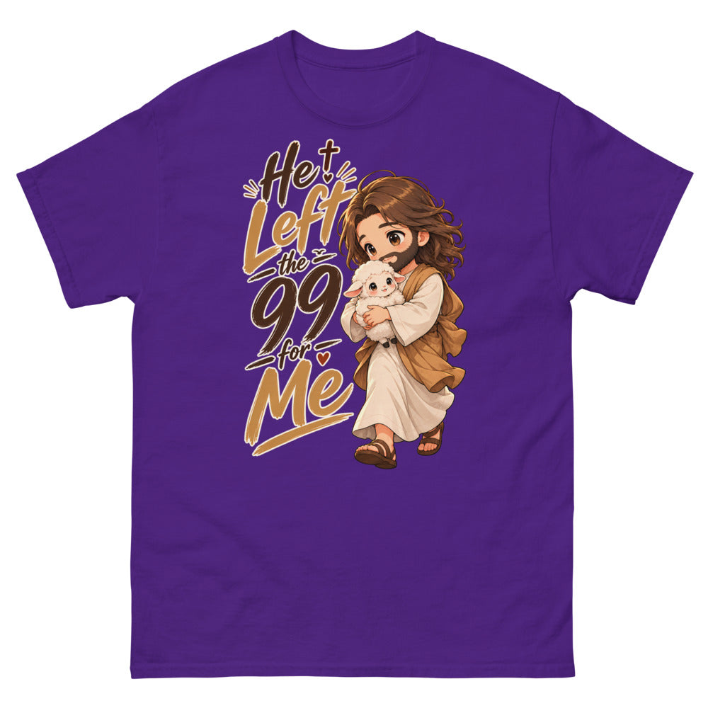 Chibi Jesus carrying a lamb with the words He Left The 99 For Me on a Purple shirt