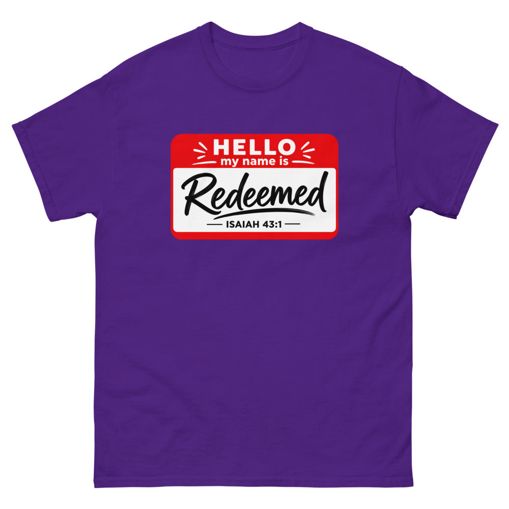 Red and white name badge reading Hello my name is Redeemed, Isaiah 43:1 on a Purple shirt