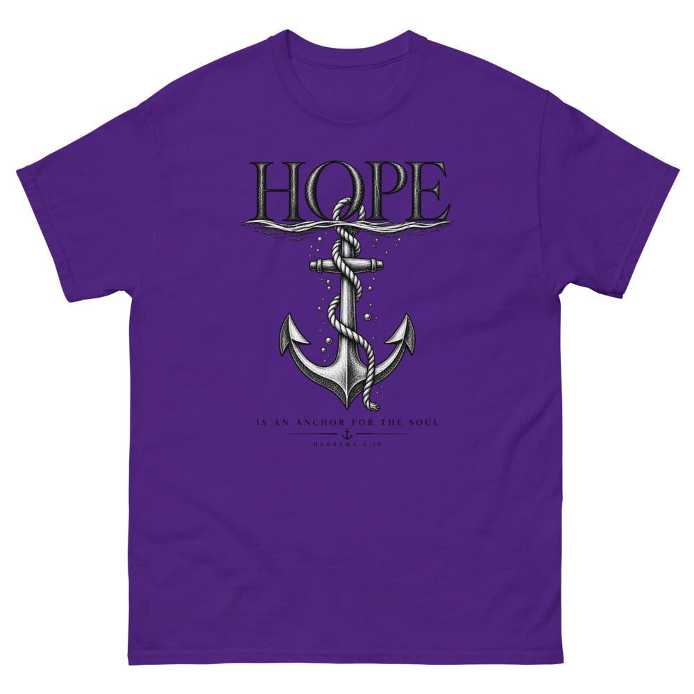 Engraved anchor below the waterline with the words Hope Is An Anchor For The Soul on a Purple shirt