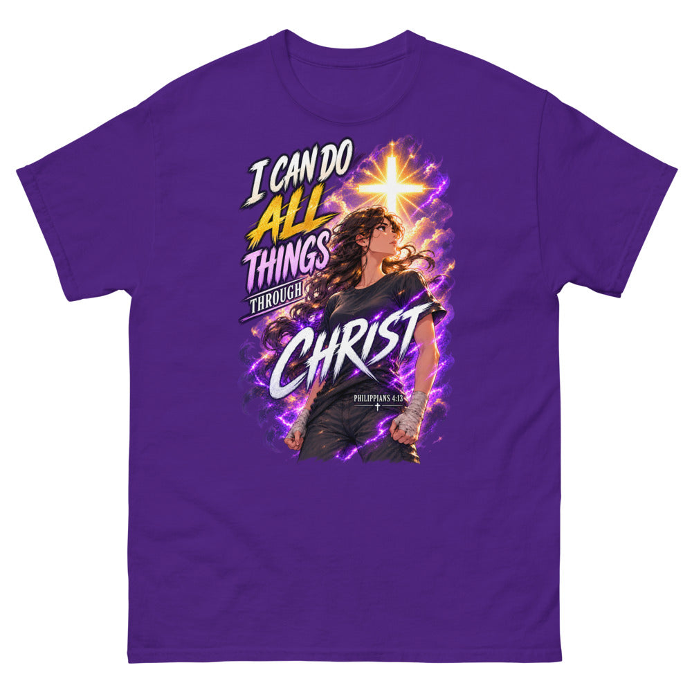 Anime woman under a glowing cross with the words I Can Do All Things Through Christ on a Purple shirt