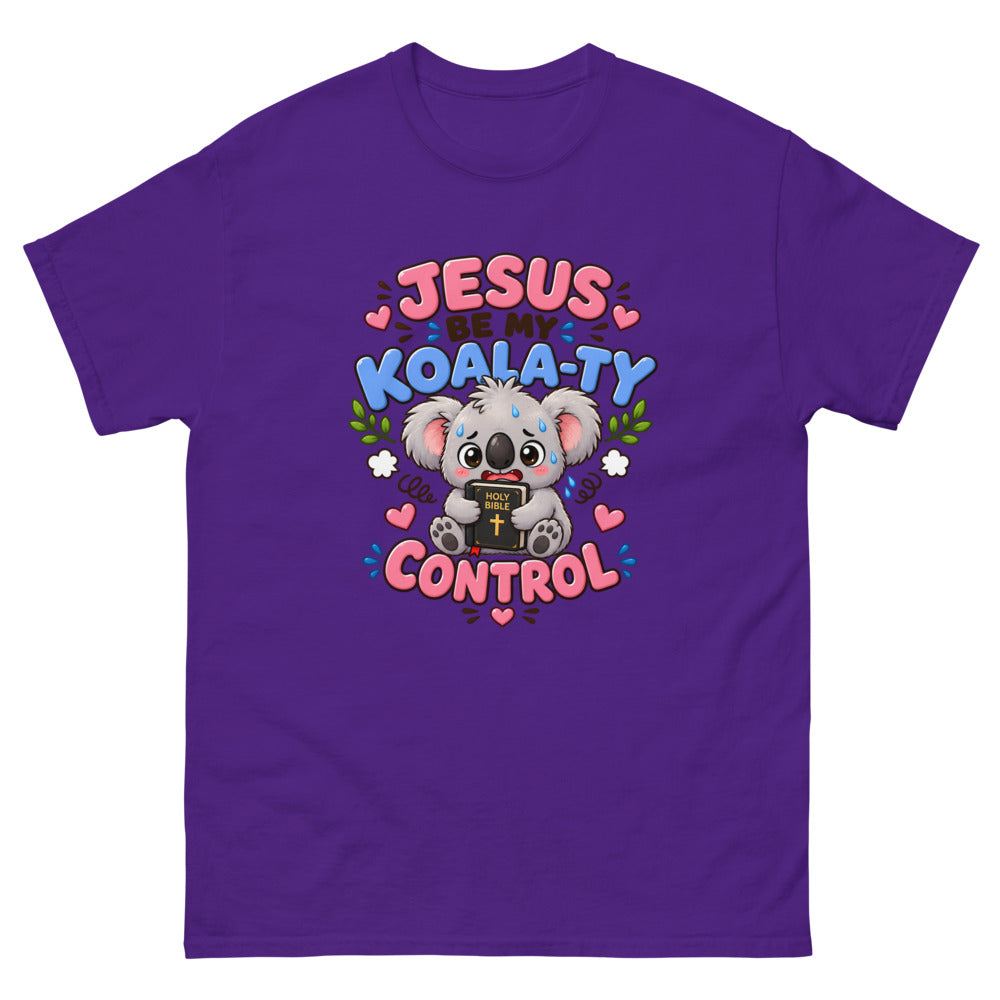 Cartoon koala holding a Bible with the words Jesus Be My Koala-ty Control on a Purple shirt