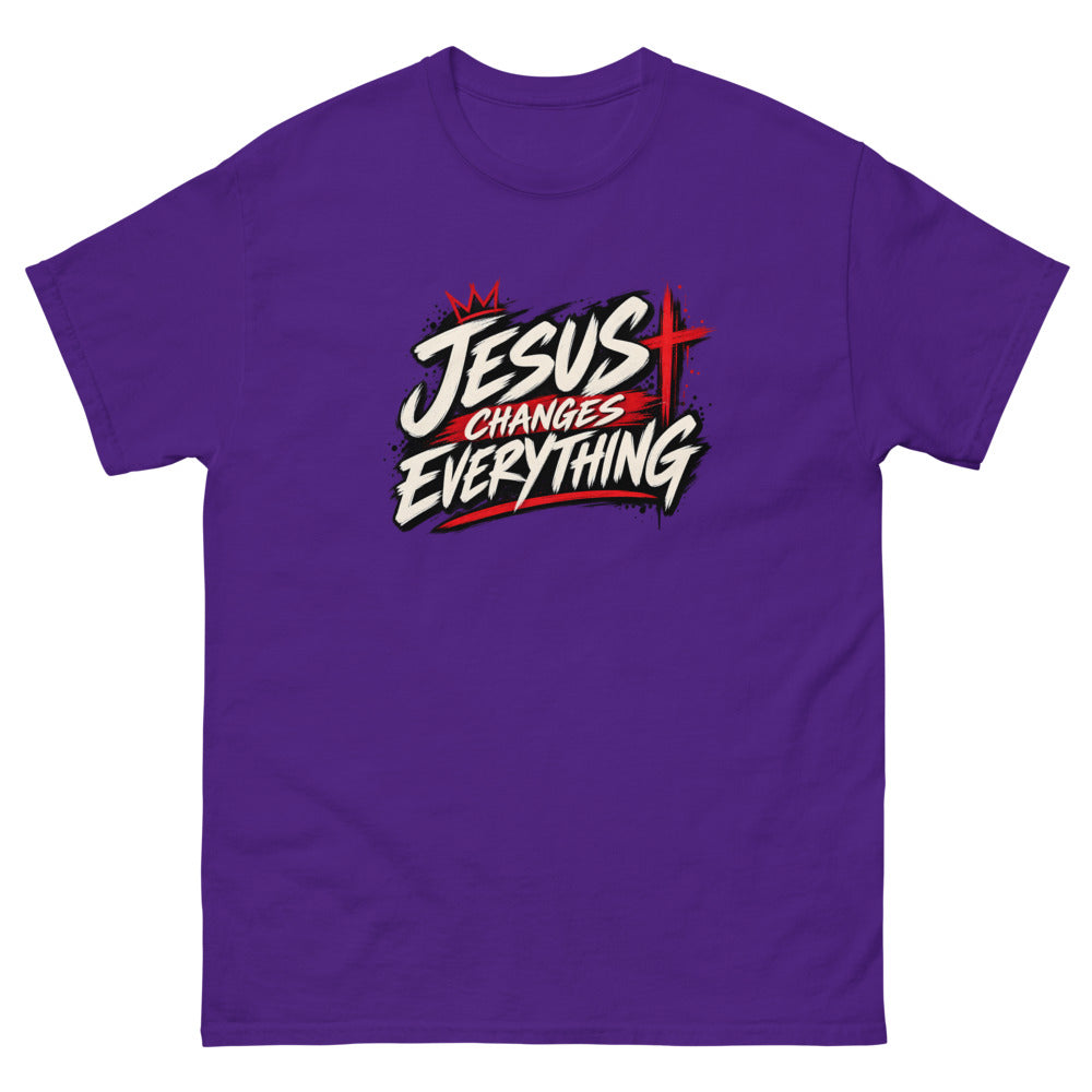 Brush script streetwear graphic with a crown and red cross reading Jesus Changes Everything on a Purple shirt