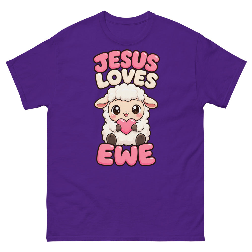 Cartoon lamb holding a heart with the words Jesus Loves Ewe on a Purple shirt