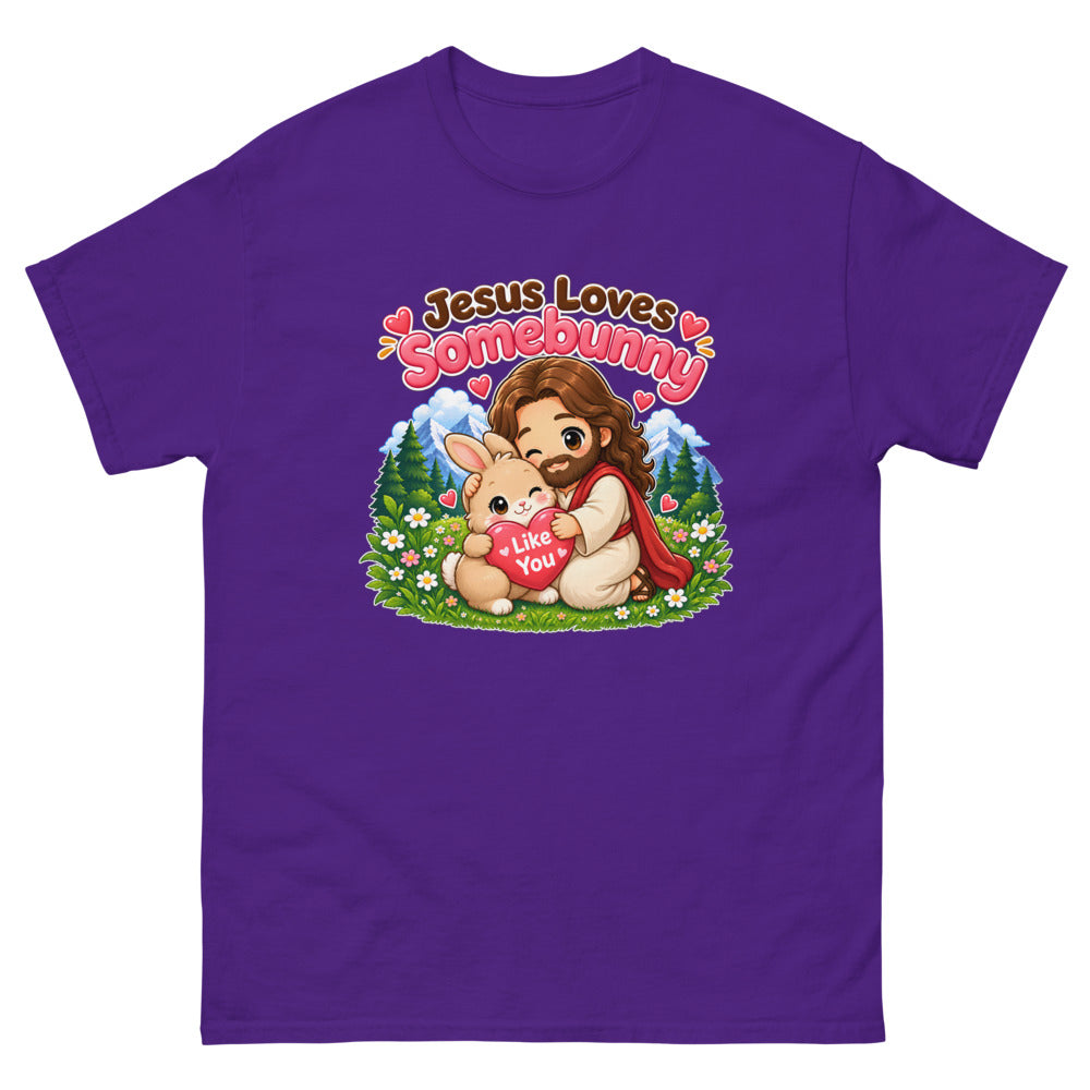 Chibi Jesus hugging a bunny holding a heart with the words Jesus Loves Somebunny on a Purple shirt
