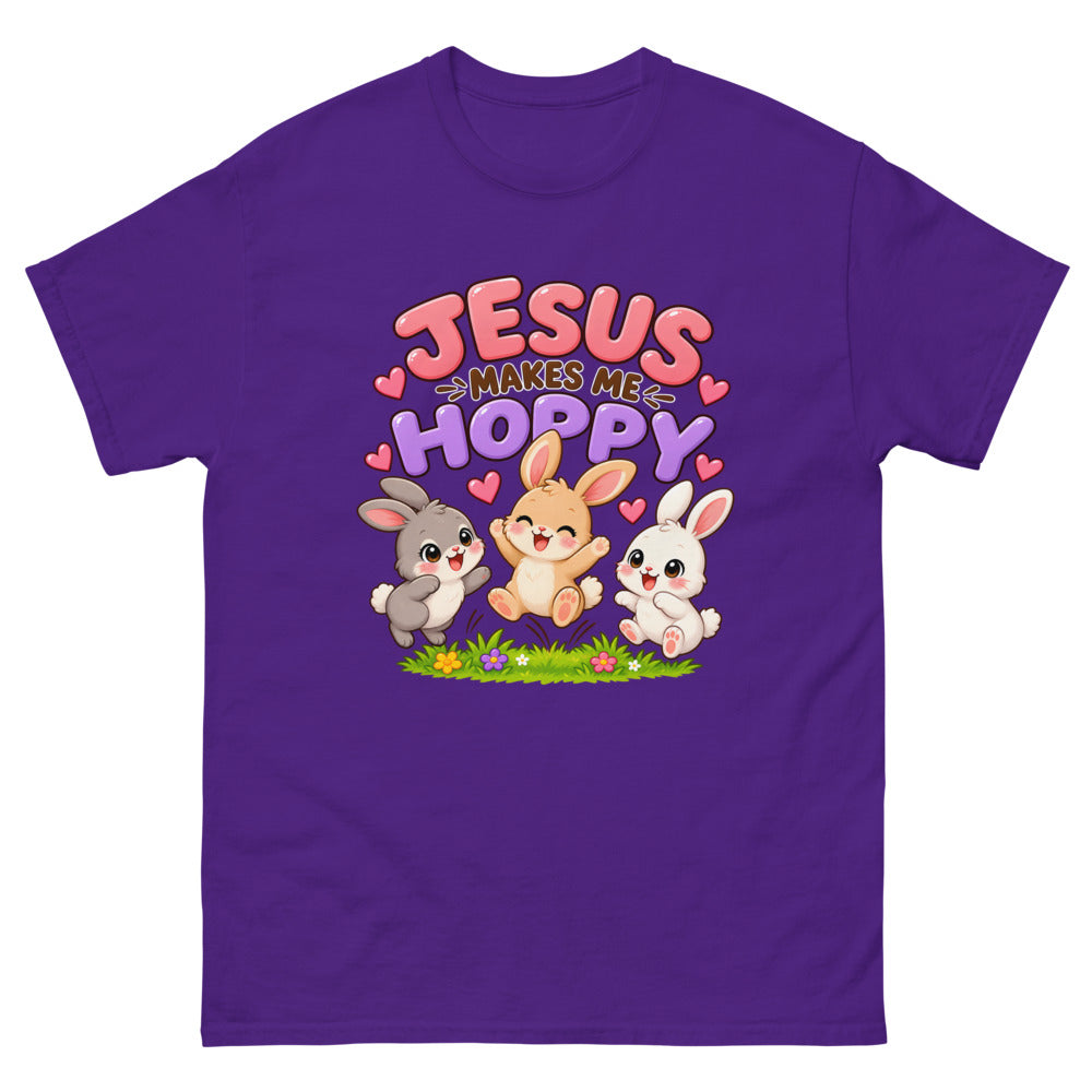 Three cartoon bunnies jumping with the words Jesus Makes Me Hoppy on a Purple shirt