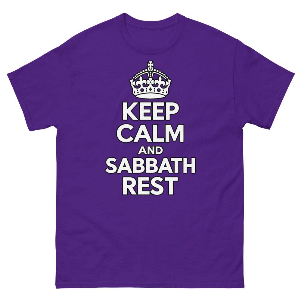 Crown above heavy caps reading Keep Calm And Sabbath Rest on a Purple shirt