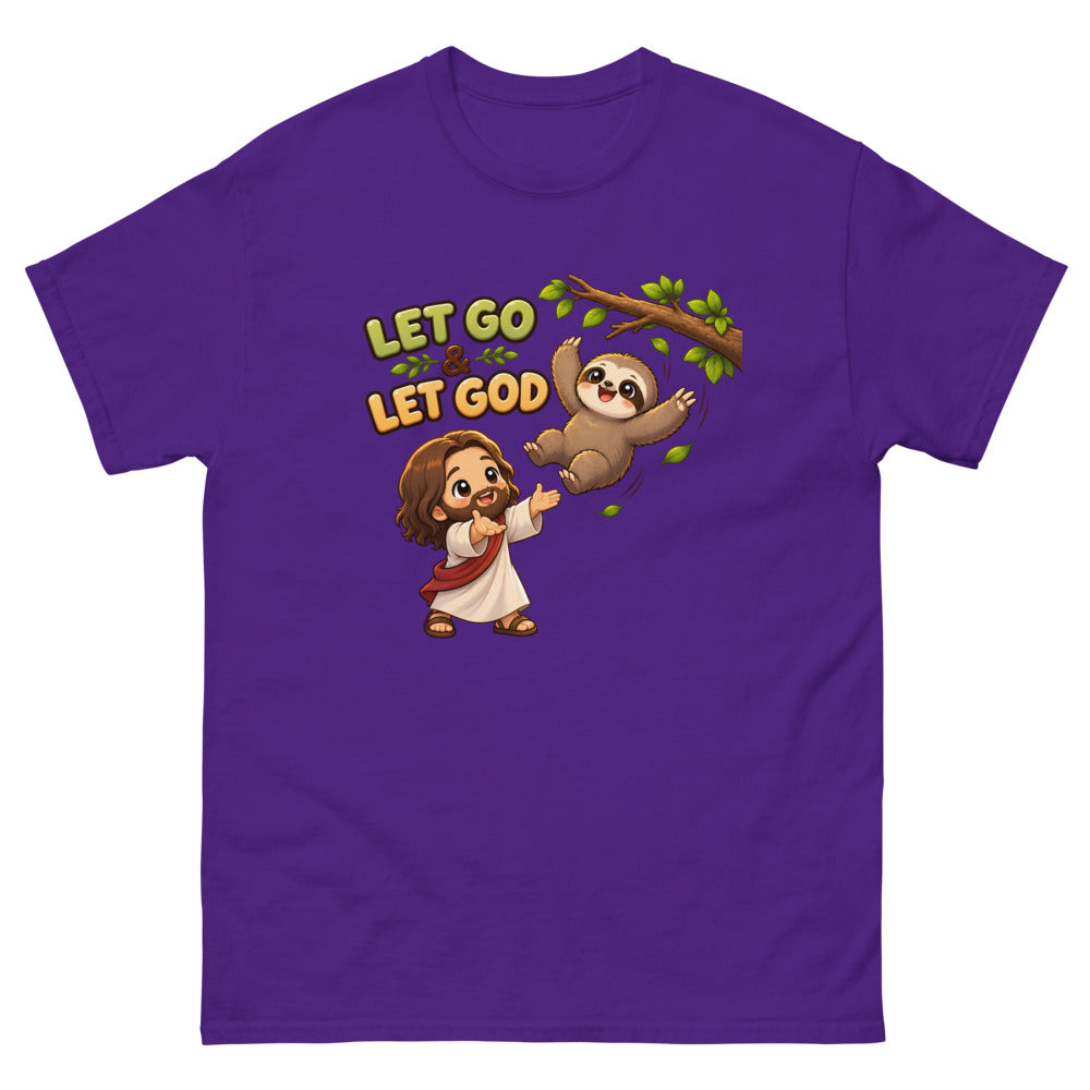 Cartoon sloth falling from a branch toward Jesus with the words Let Go And Let God on a Purple shirt