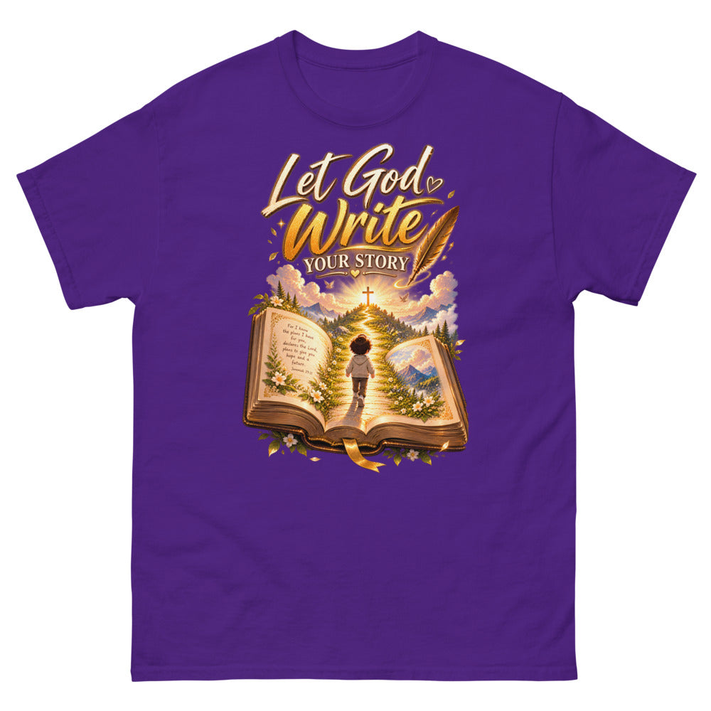 Open Bible with a child walking toward a cross and the words Let God Write Your Story on a Purple shirt