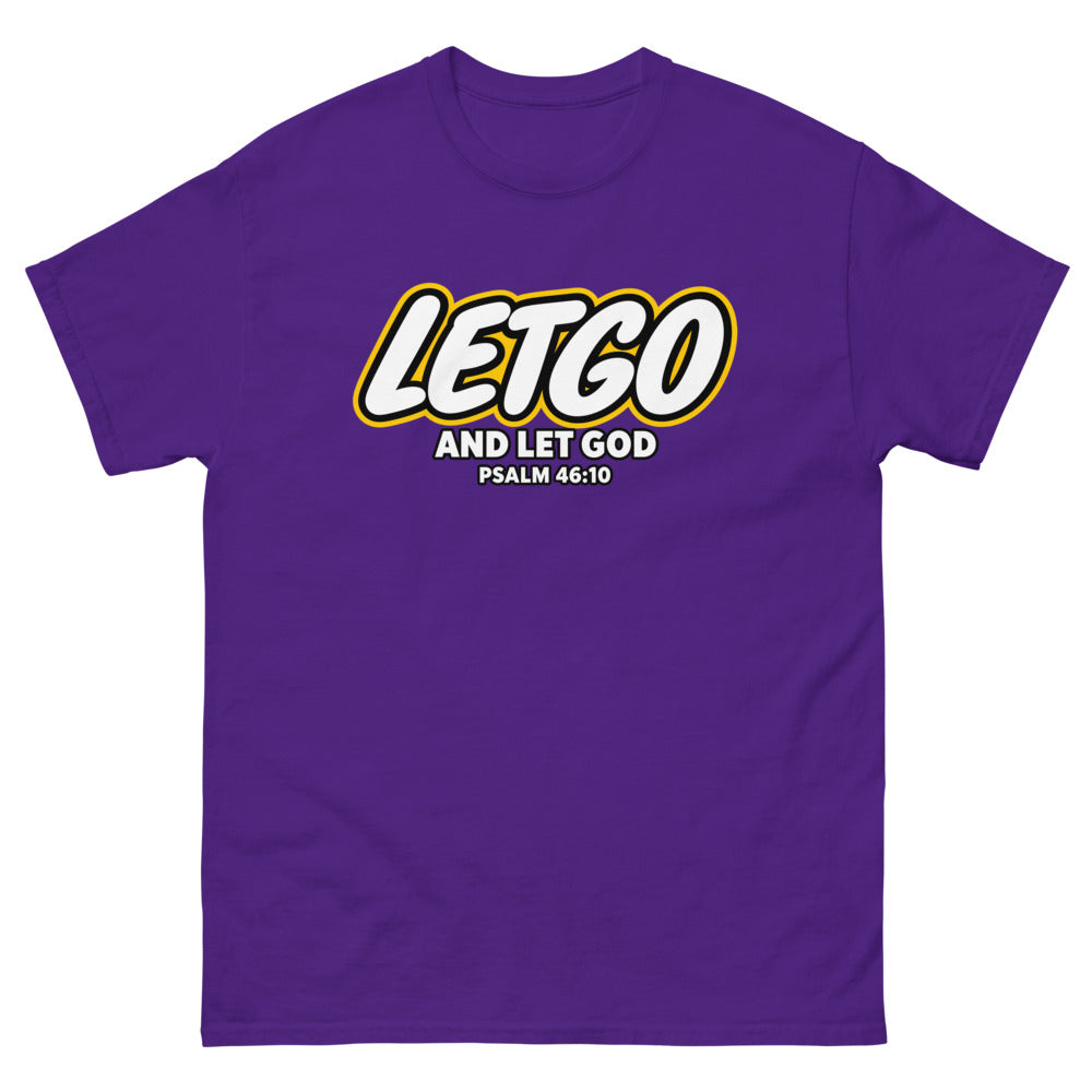 Toy brick logo parody reading Letgo and Let God, Psalm 46:10 on a Purple shirt