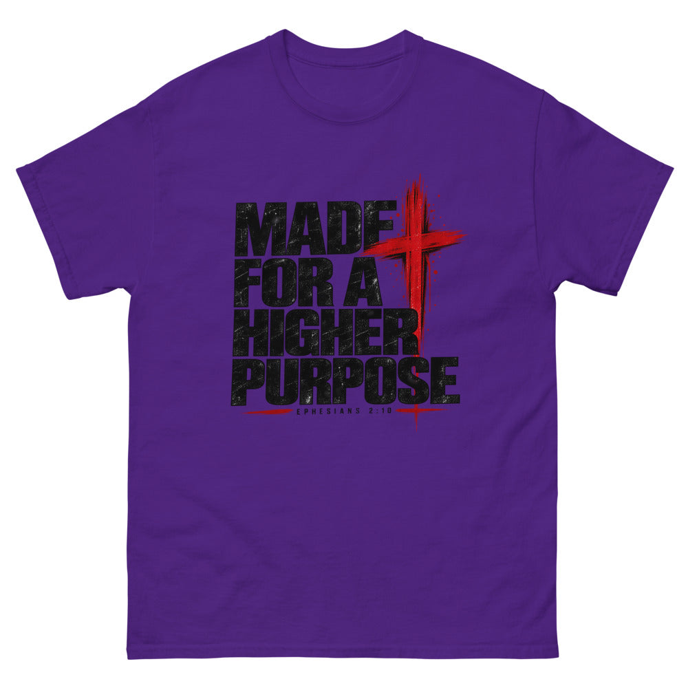 Heavy black caps with a red brush cross reading Made For A Higher Purpose on a Purple shirt