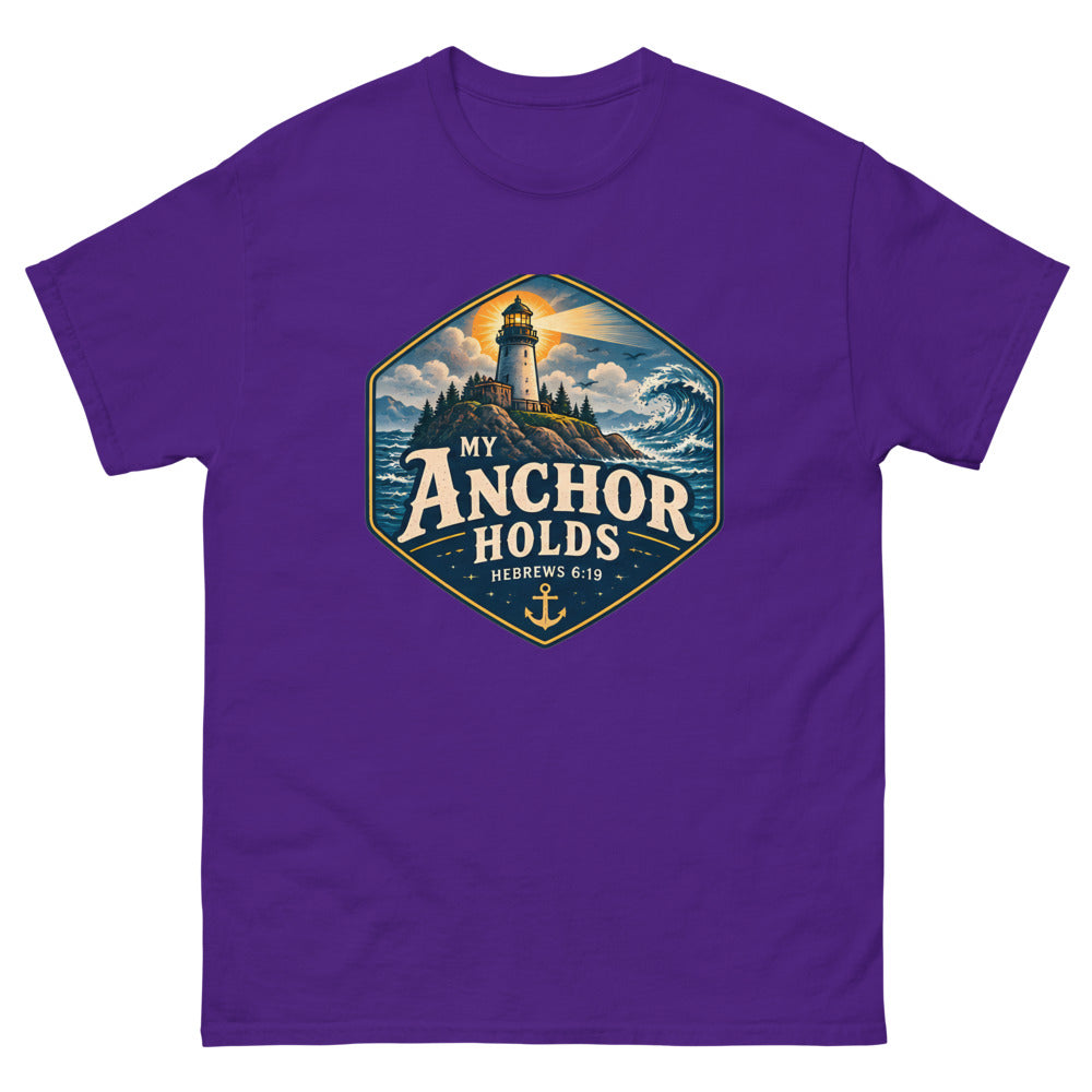 Navy hexagon badge with a lighthouse and wave reading My Anchor Holds on a Purple shirt