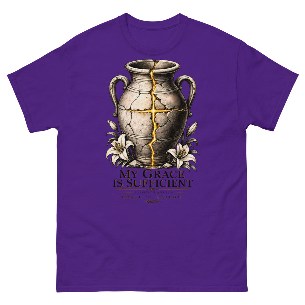 Cracked vessel repaired with gold seams forming a cross, reading My Grace Is Sufficient on a Purple shirt
