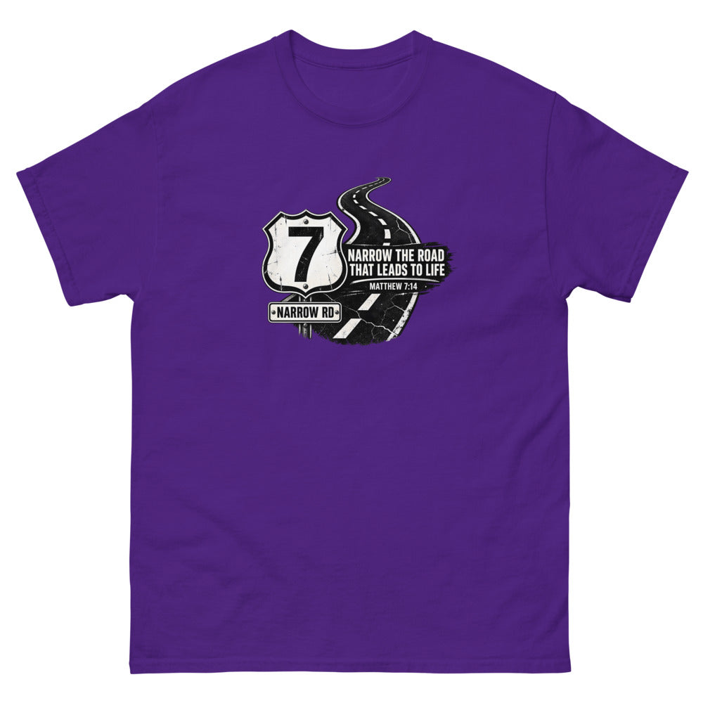 Highway shield marked 7 beside a Narrow Rd sign with the words Narrow The Road That Leads To Life on a Purple shirt