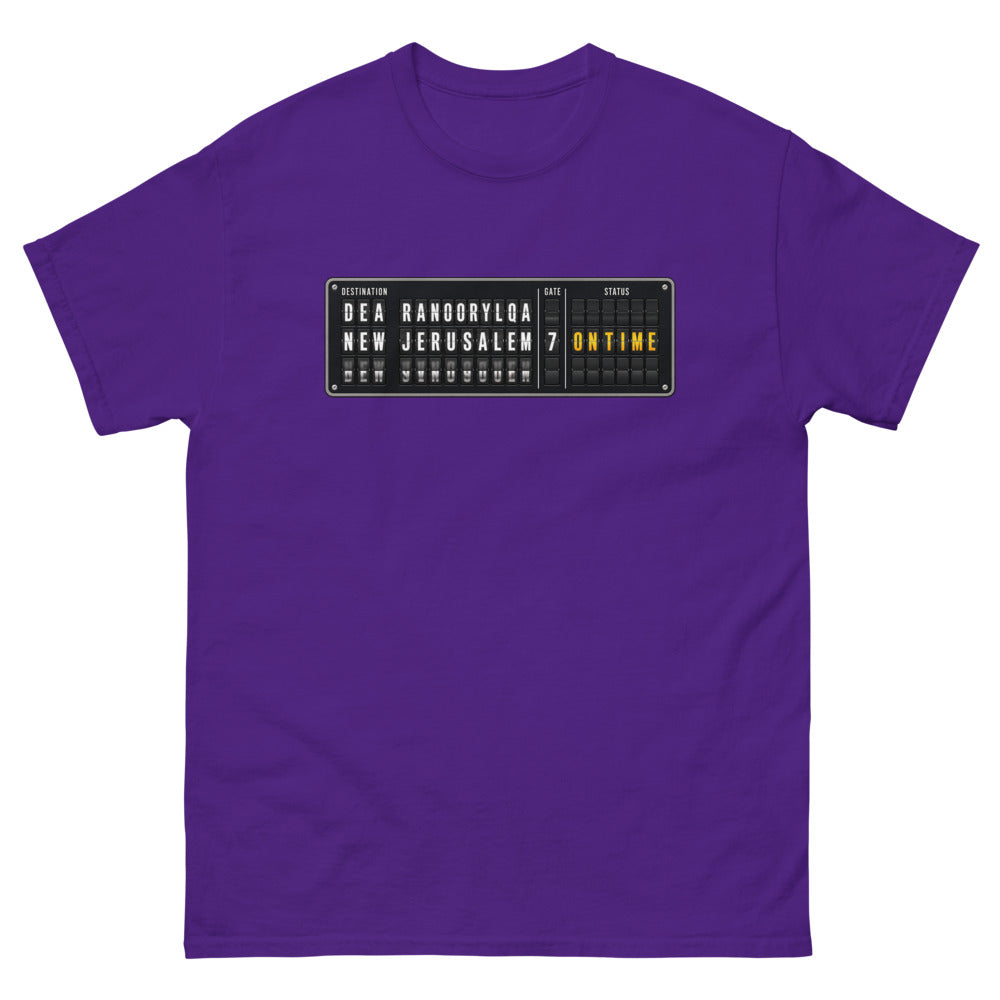 Split flap departure board reading New Jerusalem, gate 7, on time on a Purple shirt