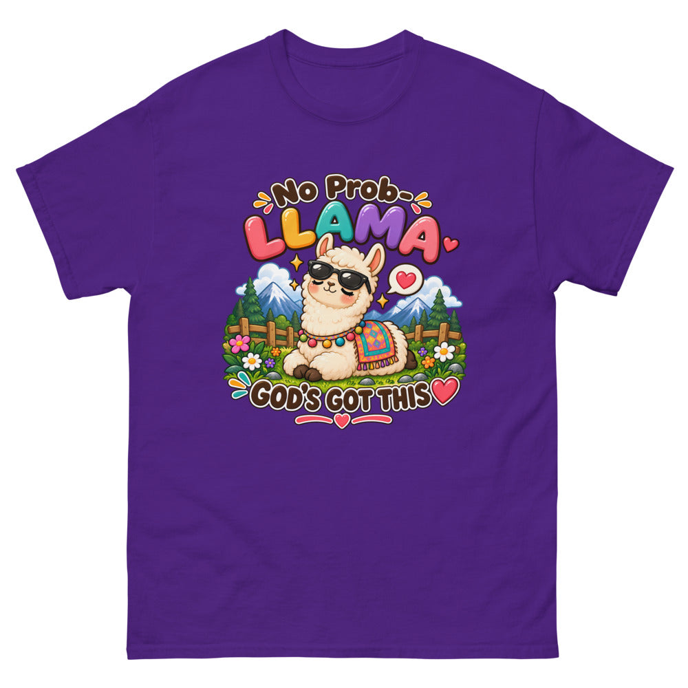 Cartoon llama in sunglasses with the words No Prob-Llama God's Got This on a Purple shirt