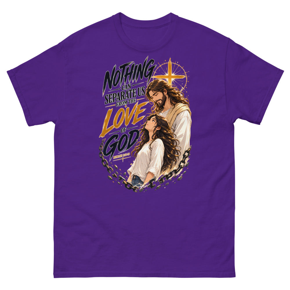 Anime illustration of Jesus and a young woman with broken chains and the words Nothing Can Separate Us From The Love Of God on a Purple shirt