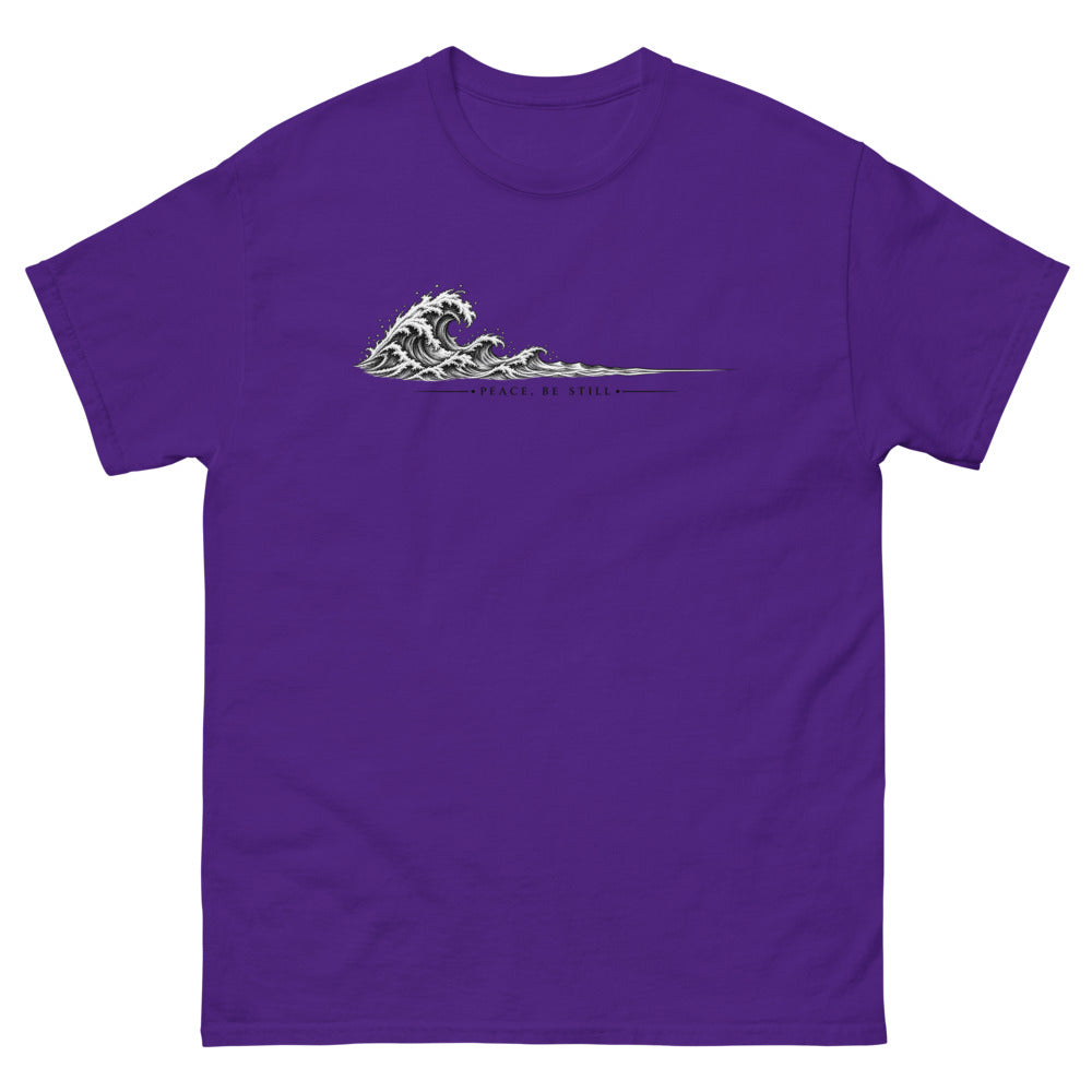Engraved line art wave with the words Peace Be Still on a Purple shirt