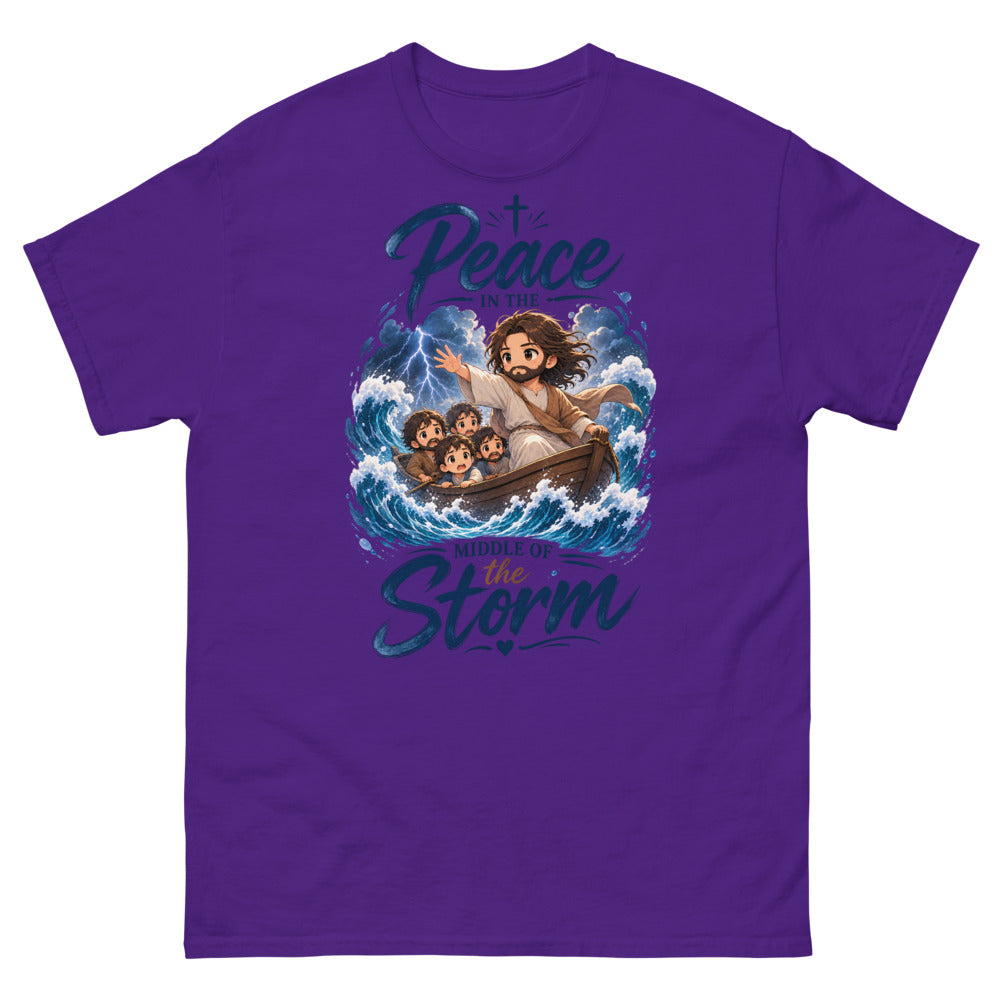Chibi Jesus calming a storm in a boat with the words Peace In The Middle Of The Storm on a Purple shirt