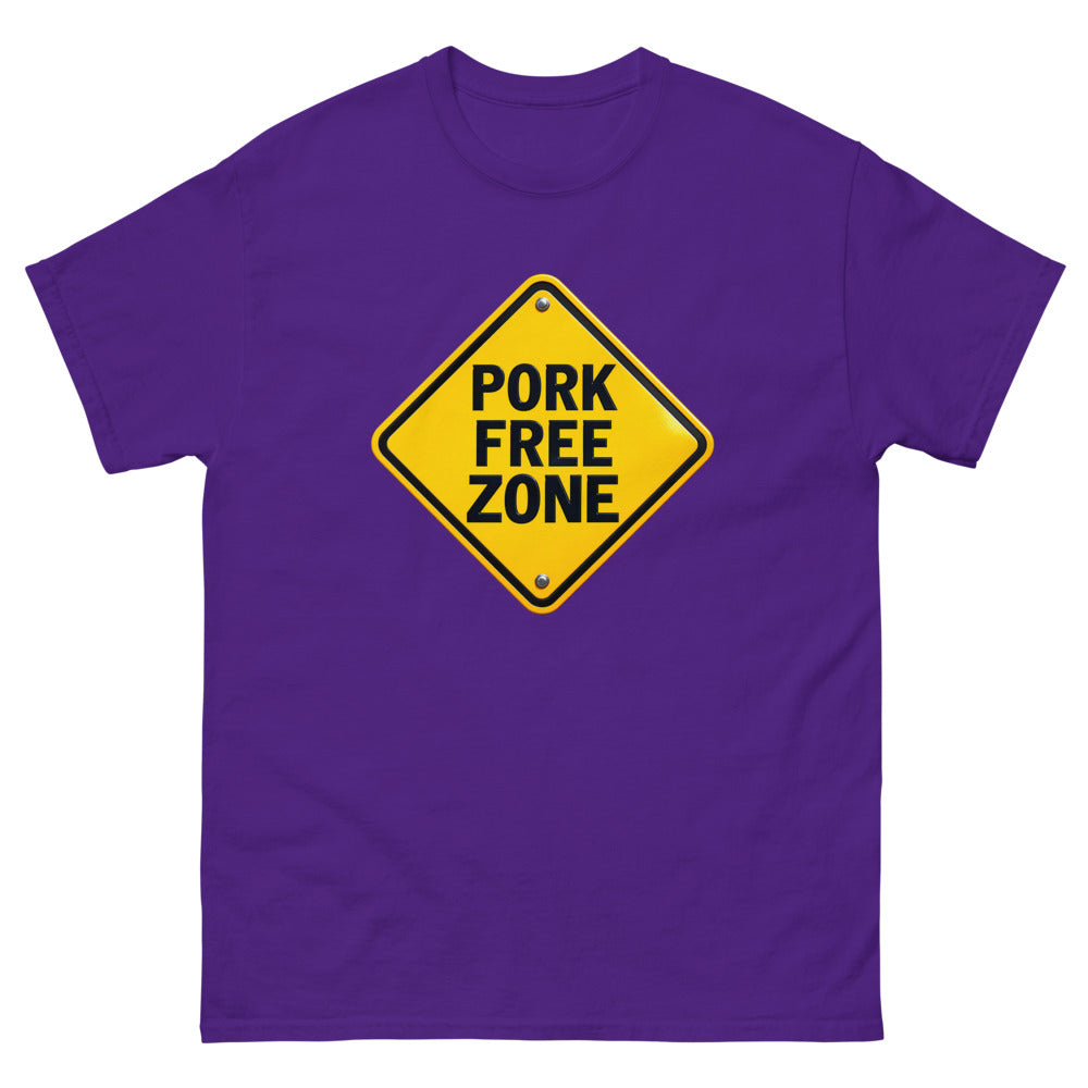 Yellow diamond road sign reading Pork Free Zone on a Purple shirt